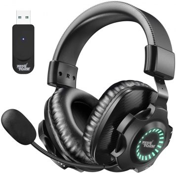 REDSTORM Cuffie Gaming per PC, Cuffie da Gioco con Stereo Wireless 2.4G, Microfono Staccabile, Controllo del Volume, Batteria Ricarica Sostenibile, Illuminazione a Gradiente RGB per PC, MAC, PS4, V07W